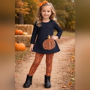 #1782 Boutique Pumpkin Outfit with Leopard Print Leggings & Tunic Sz. 4